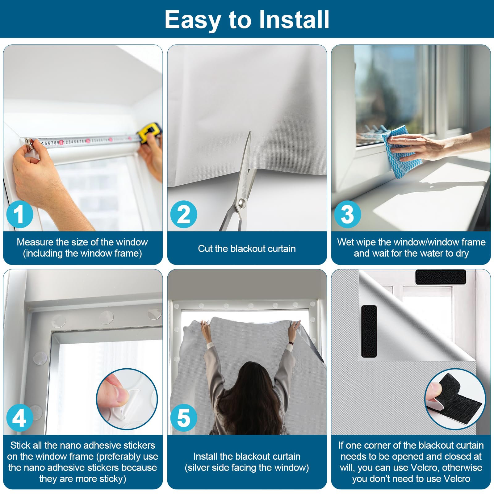 100% Blackout Curtains for Bedroom, Portable DIY Window Blinds, No Drill Window Shades & Blackout Blinds with Stickers & Tabs for Travel, Dorm Room, Media Room (Grey, 118" x 57")