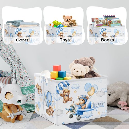Clastyle 36L Large Blue Bear Pilot Hot Air Balloon Shelf Basket with Handle Collapsible Rectangle Toy Clothes Storage Basket for Kid Room Nursery, 40 * 30 * 30 cm