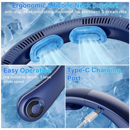 Neck Fan - Portable Neck Fan with Neck Support, 5 Speeds, All Around Airflow, Hand-free Bladeless Personal Cooling Fans, Rechargeable Wearable Fan for Outdoor and Indoor, Festival Gifts for Men Women
