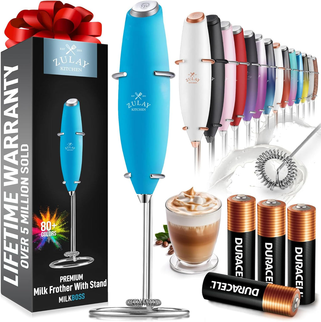 Zulay Kitchen Milk Frother Wand - Ultra-Fast Handheld Electric Whisk for Coffee & Lattes - Blue Teal