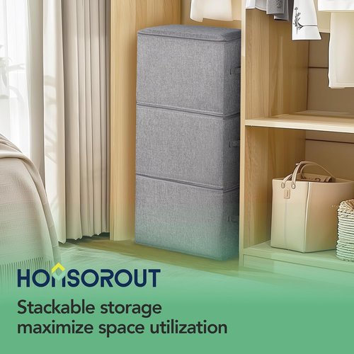 Homsorout Linen Closet Organizers - Large Foldable Storage Bins with Lids | 3-Pack Dark Gray