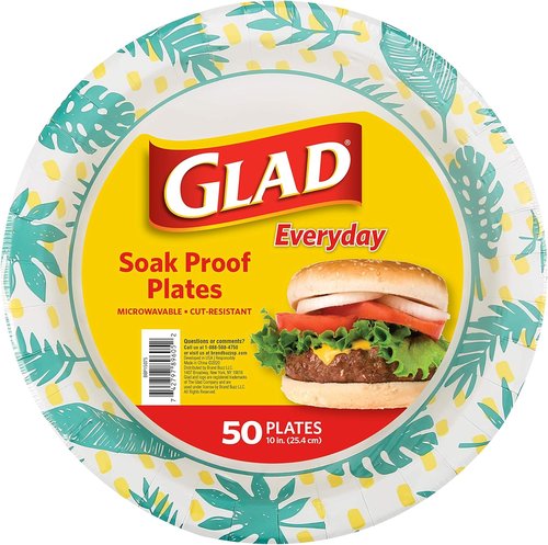 Glad Round Disposable Paper Plates - Soak Proof & Cut Resistant - Palm Leaves Pattern, 10 Inch, 50 Count