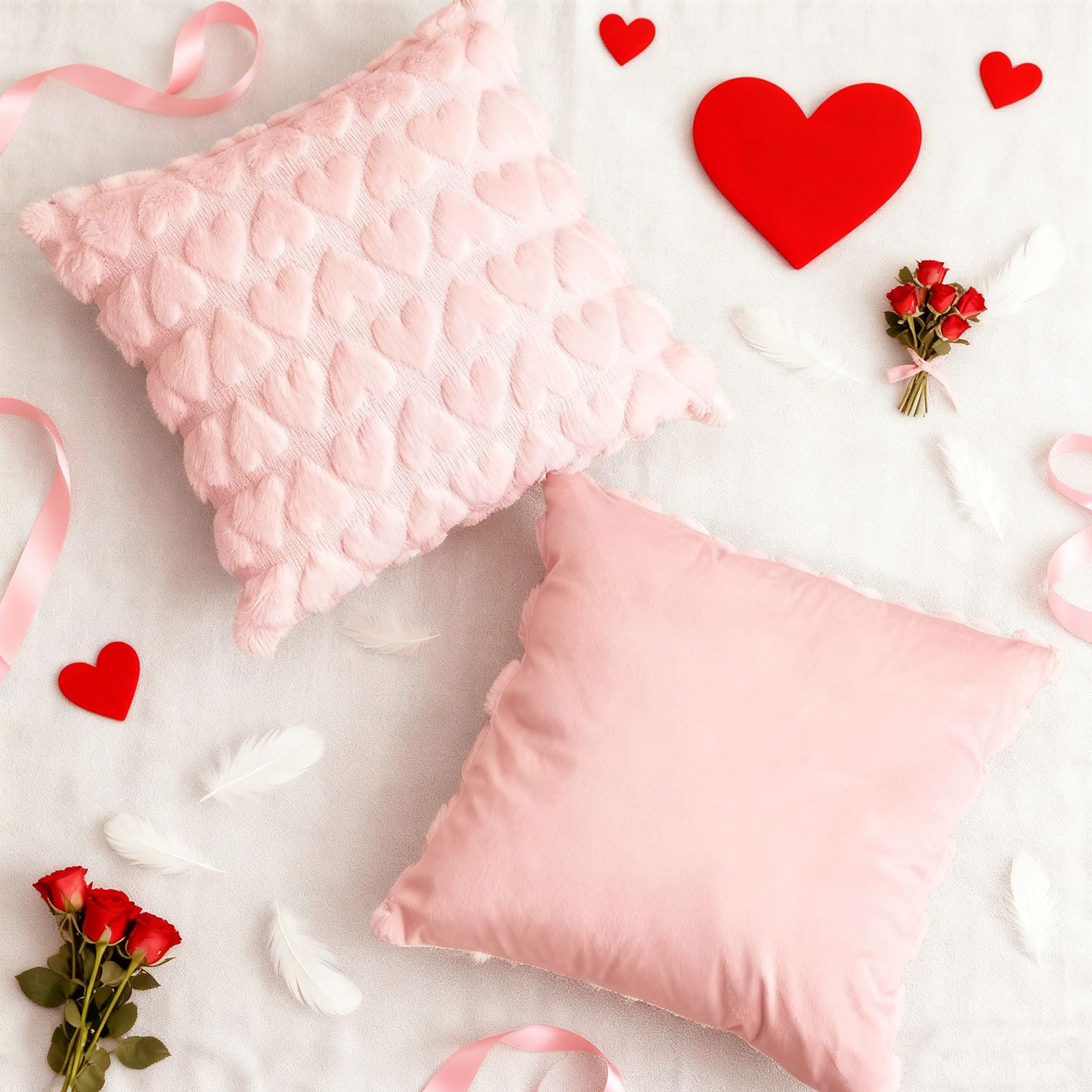 Valentines Day Throw Pillow Covers 18×18 Set of 4 – Heart Pattern Decorative Cushion Case, Soft Plush Textured Accent Pillow Covers for Living Room Sofa Bed Couch Bedroom Home Decor, Pink and White