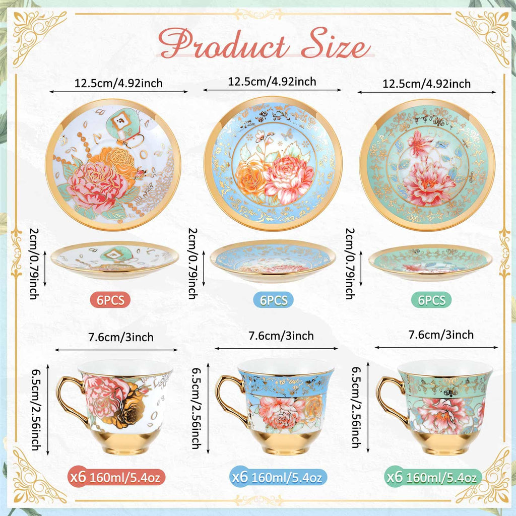 Teenyyou Set of 18 Tea Cups and Saucers Tea Party Decorations Floral Porcelain 5.4 oz British Gift for Women Birthday Party, Church, and Mother's Day (Classic Style)