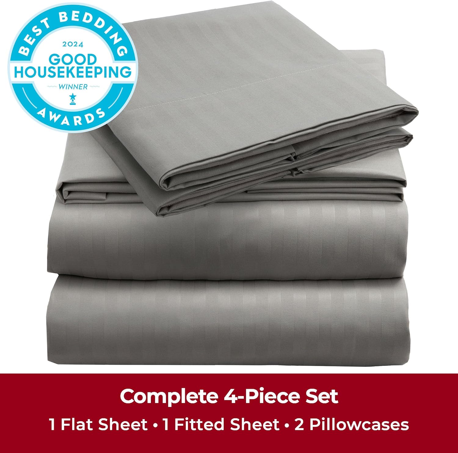 Mellanni Full Sheets Set - 4 PC Hotel Luxury Bedding | Extra Soft, Cooling, Wrinkle-Resistant (Striped Gray/Silver)