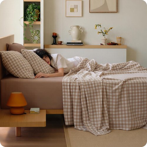 Bedsure 100% Washed Cotton Percale Sheets - Soft Gingham Queen Size Set with 18" Deep Pocket (Brown)
