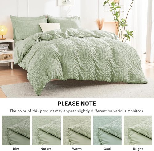 HYMOKEGE King Size Comforter Set - Light Green Seersucker 7-Piece Luxury Bedding Set