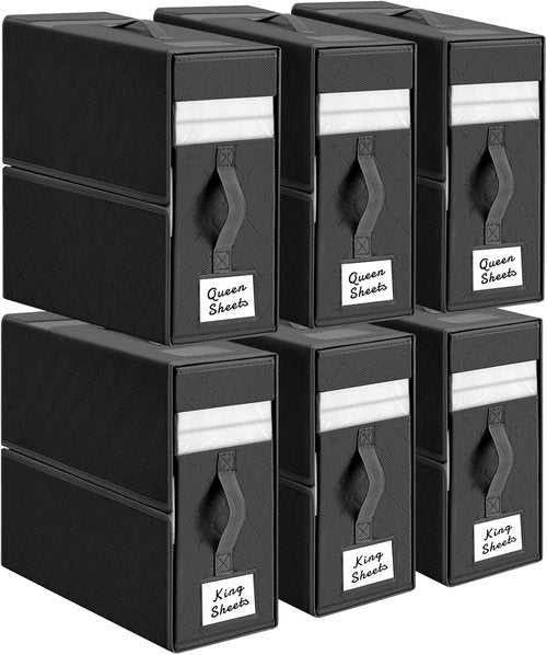 Homsorout Bed Sheet Organizer - Foldable Storage with Window & Label | XL Black Bedding Storage, 6 Pack