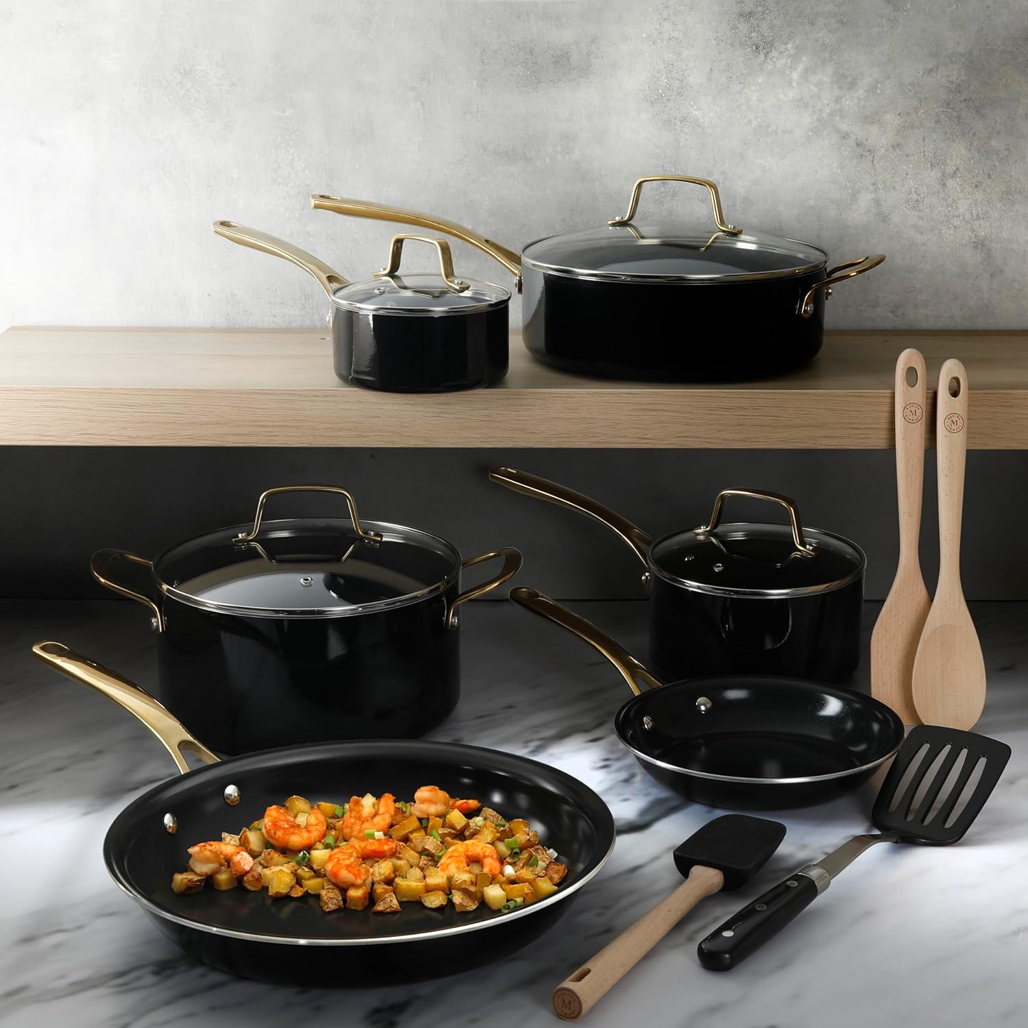 Martha Stewart Lockton 14-Piece Non-Stick Cookware Set - Heavy-Gauge Aluminum in Black with Gold Handles