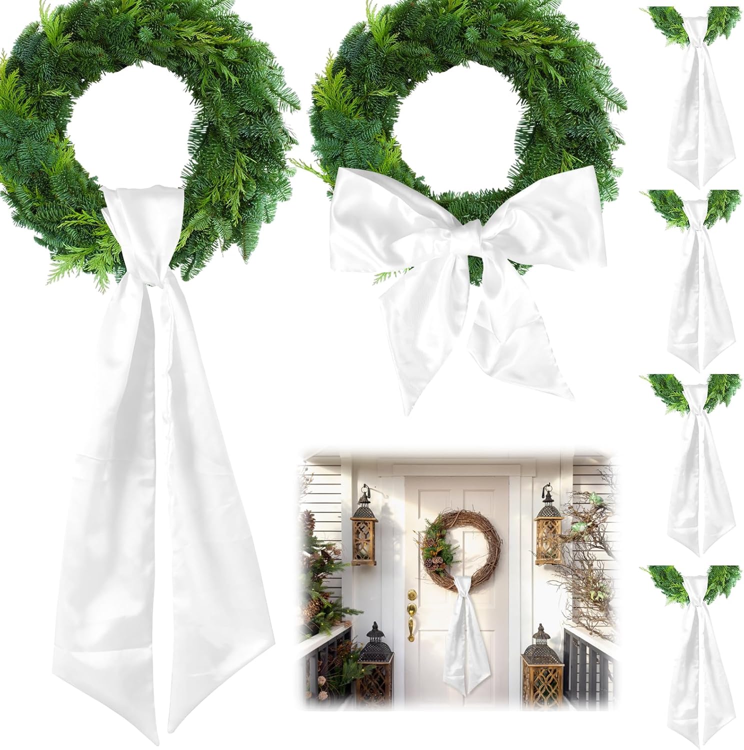 Skiennix 6Pcs White Wreath Sash - Blank Monogram Door Hanger for Christmas & Halloween | 5x55in