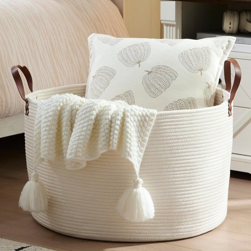 Luxury Nursery Storage Basket - 100% Cotton Rope, Extra Large 22 x 22 x 14 Inches | Off White with Leather Handles