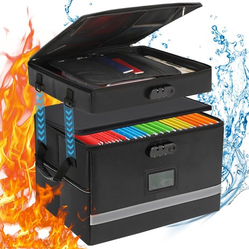 EXLIFBAG Fireproof File Box - Portable 2-Layer Document Organizer with Lock & Handle for Home Office