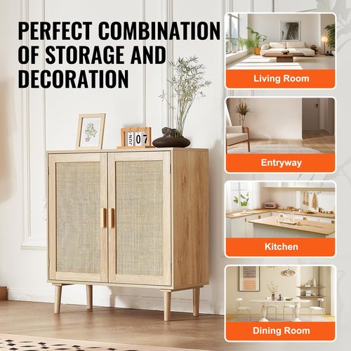 VEVOR Rattan Cabinet, Buffet Cabinet with 2 Magnetic Doors and Adjustable Shelves, Sideboard Buffet for Hallway, Entryway, Living Room, or Kitchen, Natural