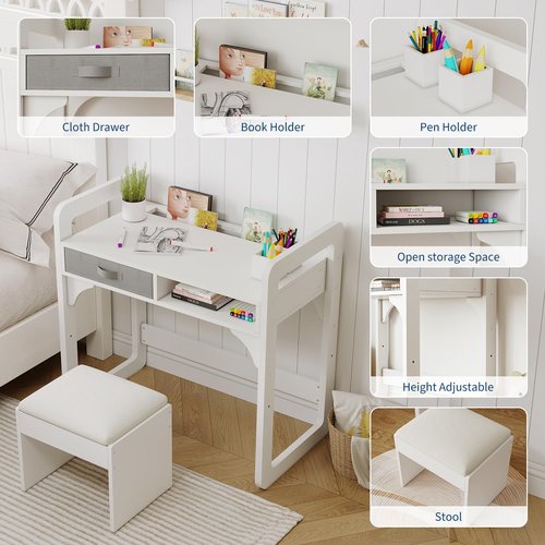 Garvee Kids Desk and Chair Set, Study Desk for Boys and Girl, Wooden Kids Writing Table with Cloth Drawers and Pen Holder, White