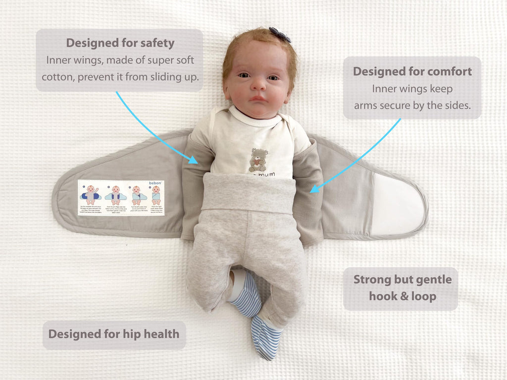 bebon Baby Arm Swaddle | Adjustable Swaddle Wrap for Newborns and Infants – Dual-Wing Design Comfortably Secures Arms Only | Ultra-Soft Cotton (Grey, Large)