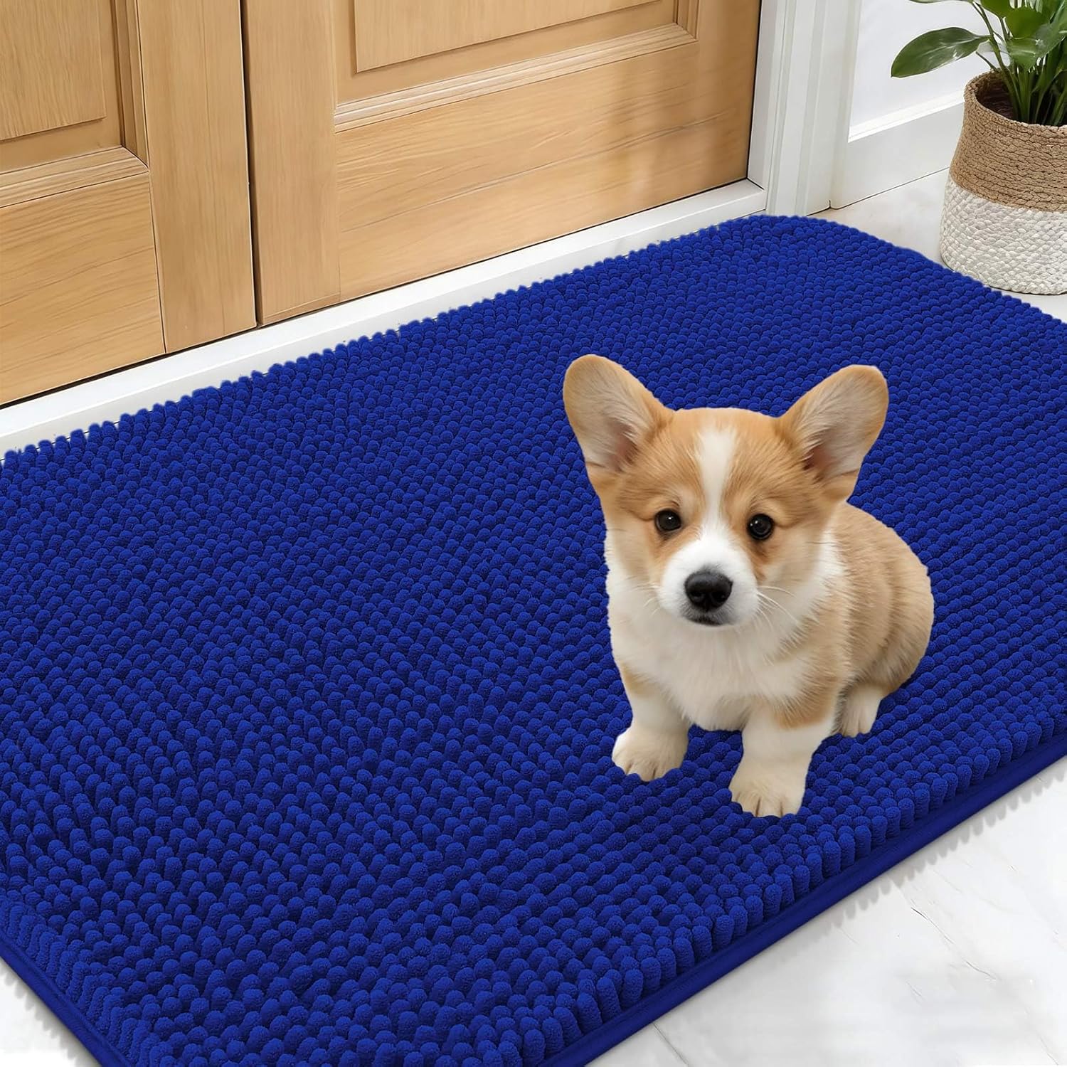 OLANLY Dog Door Mat - Absorbent Non-Slip Washable Doormat for Muddy Paws | 30x17 Royal Blue