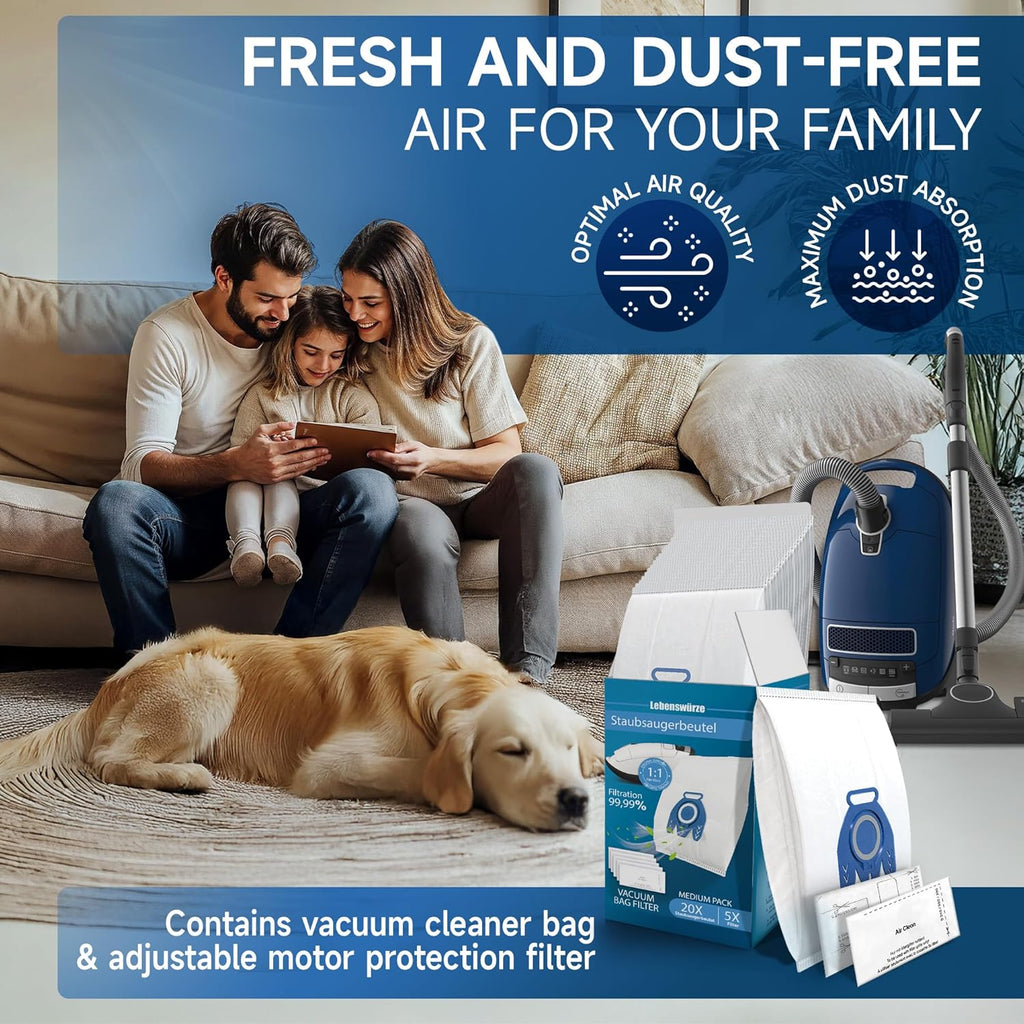 Miele 3D Airclean Vacuum Bags - 20 Pack Anti-Allergy Dust Bags with Motor & Air Filters | Compatible with Classic C1, Complete C1/C2/C3, S2/S5/S8 Series