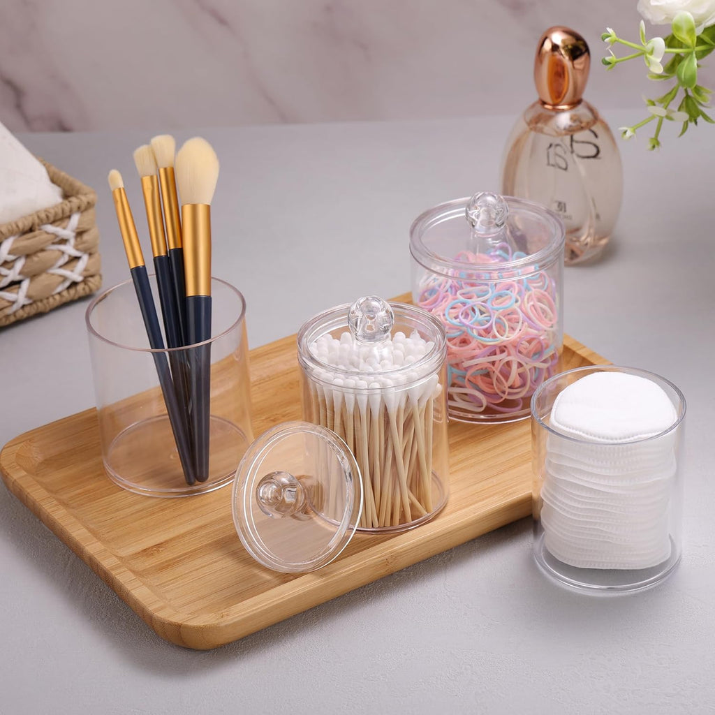 WEISHI Qtip Holder Dispenser - Clear Plastic Apothecary Jar for Cotton Balls, Swabs & Pads | 4 Pack Bathroom Storage