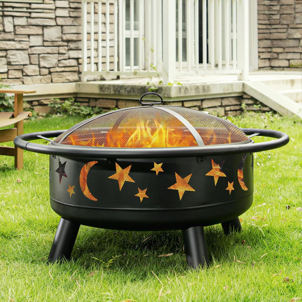 Skiennix 32-Inch Round Fire Pit - Metal Wood Burning Design with Mesh Cover & Poker | Perfect for Outdoor Gatherings