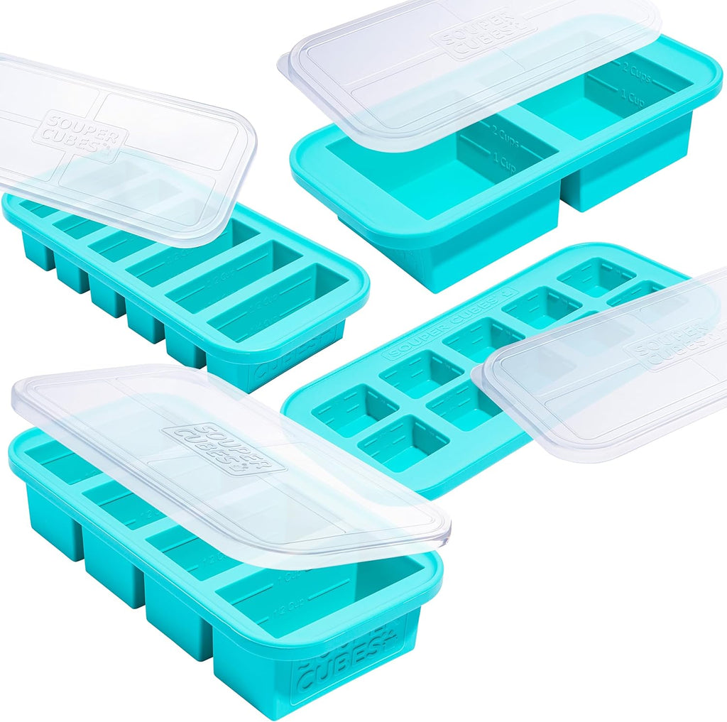 Souper Cubes Silicone Freezer Molds - Meal Prep Gift Set with 2 Tbsp, 1/2, 1, & 2 Cup Trays - Aqua