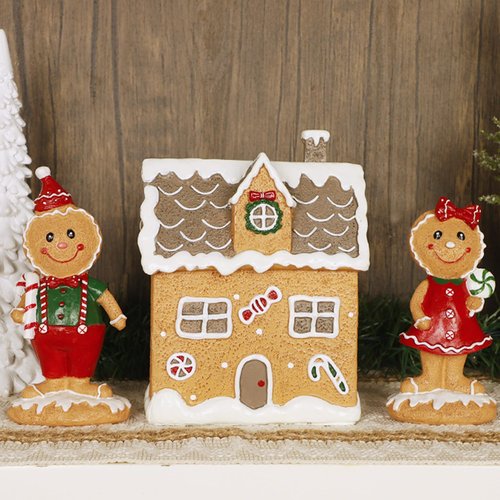 Lulu Home Christmas Tabletop Decorations, Resin Gingerbread House and 2 Gingerbread Men Figurines Adorn with Candy Cane Wreath for Indoor Holiday Fireplace Shelf Ornaments Display