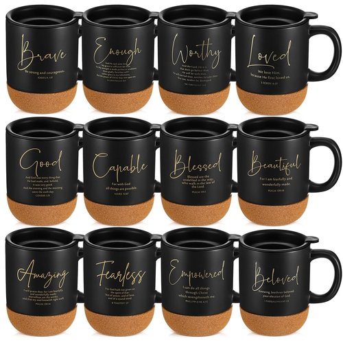 Funnymoom 12 Pcs Christian Mug Bulk Pastor Appreciation Day Gift 13.5 oz Inspirational Bible Verses Cup Ceramic Religious Coffee Mug with Cork Bottom Thank You Gift for Men Employee Teacher (Trendy)