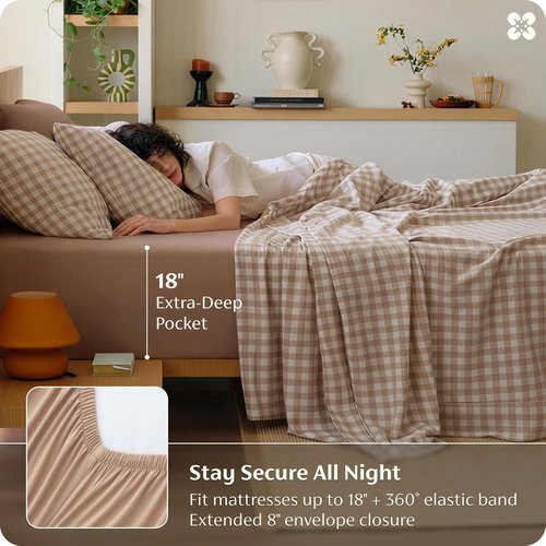 Bedsure 100% Washed Cotton Percale Sheets - Soft Gingham Queen Size Set with 18" Deep Pocket (Brown)