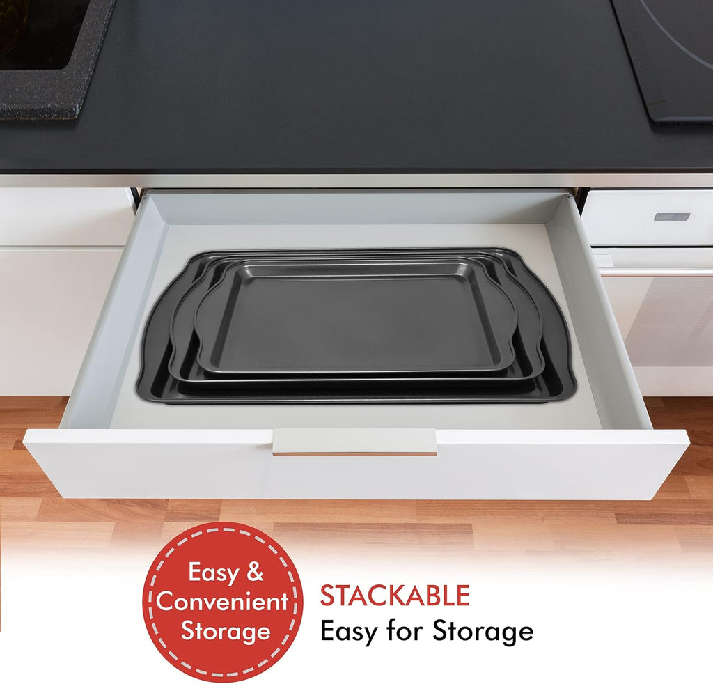 Perlli Non-Stick Baking Sheets - 3-Piece Carbon Steel Set (Small, Medium & Large) | BPA-Free Cookie Trays