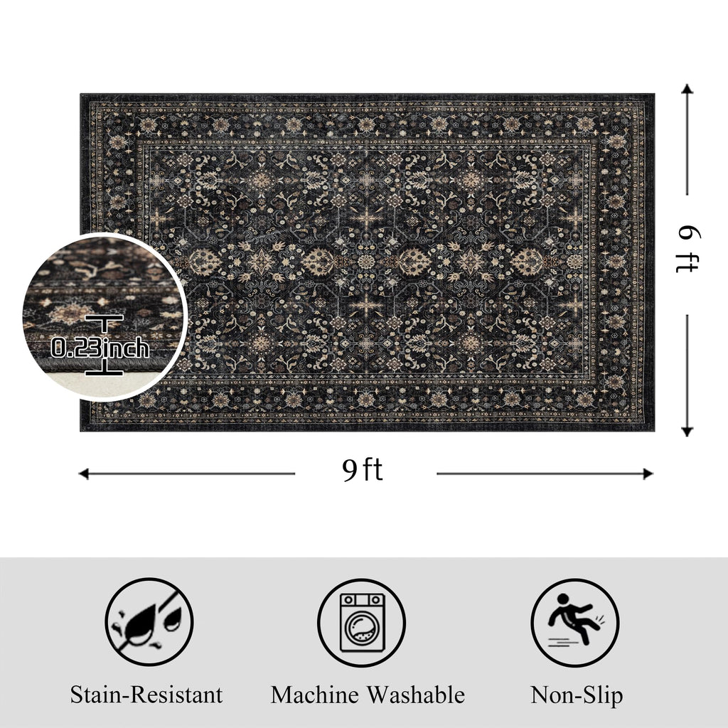 Ruaruarug Area Rug Non Slip Machine Washable Ultra Soft Living Room/Bedroom/Kitchen/Outdoor/Classroom Black Grey, 6'×9'