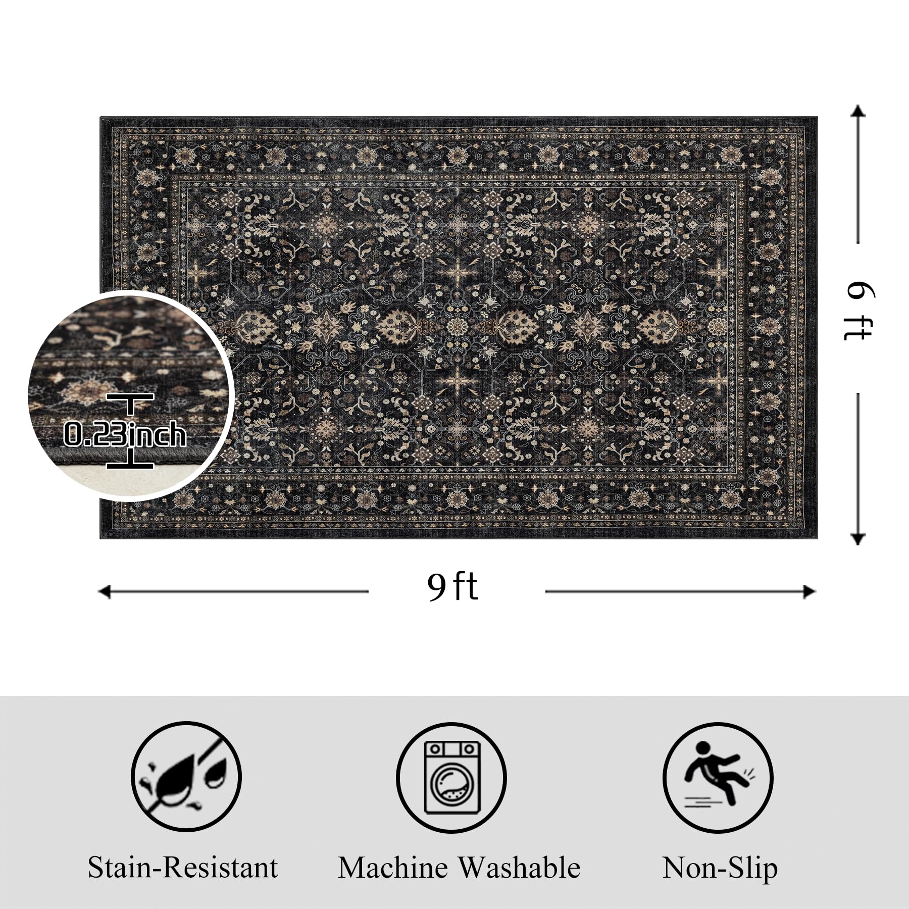 Ruaruarug Area Rug Non Slip Machine Washable Ultra Soft Living Room/Bedroom/Kitchen/Outdoor/Classroom Black Grey, 6'×9'