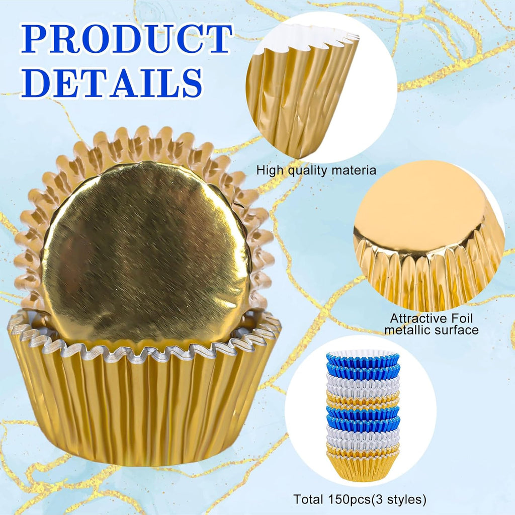 Whaline Graduation Cupcake Liners - 150Pcs Blue, Silver & Gold Foil Baking Cups for Party Celebrations