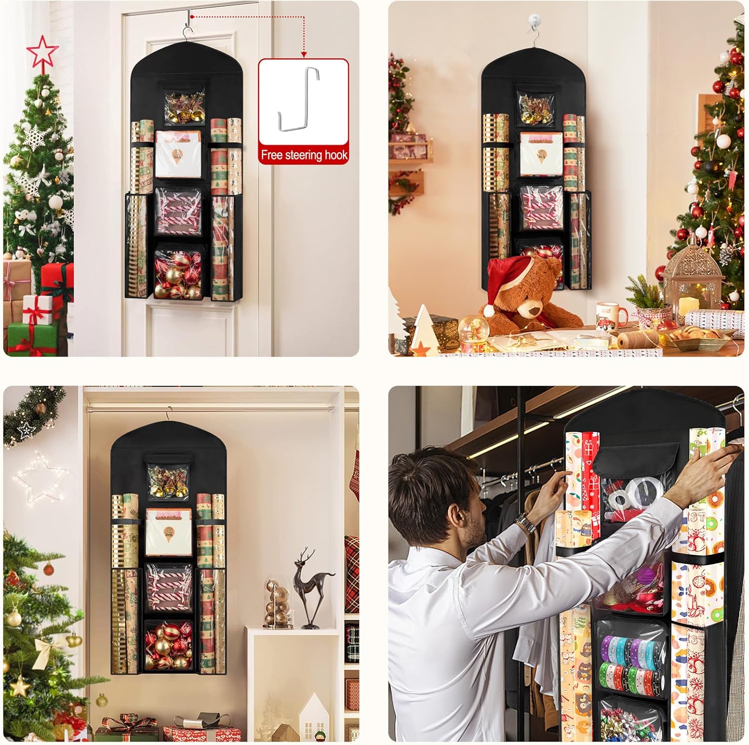 Woodoulogy Gift Wrapping Paper Storage - 40"X17" Double-Sided Black Organizer for Closet & Cabinet