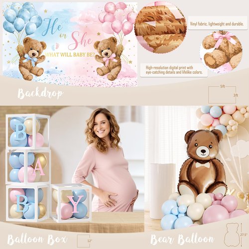 Bear Gender Reveal Decorations, He or She Baby Gender Reveal Party Decoration, Boy or Girl Bear Theme Party Supplies, Backdrop BABY-Box Tablecloth Mom to Be Sash Dad to Be Pin Balloon Arch