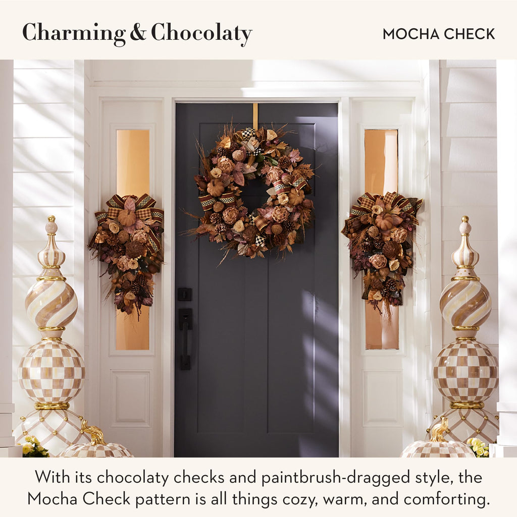 MACKENZIE-CHILDS Wreath Hanger, Door Hanger for Seasonal Decor, Brown-and-White Mocha Check