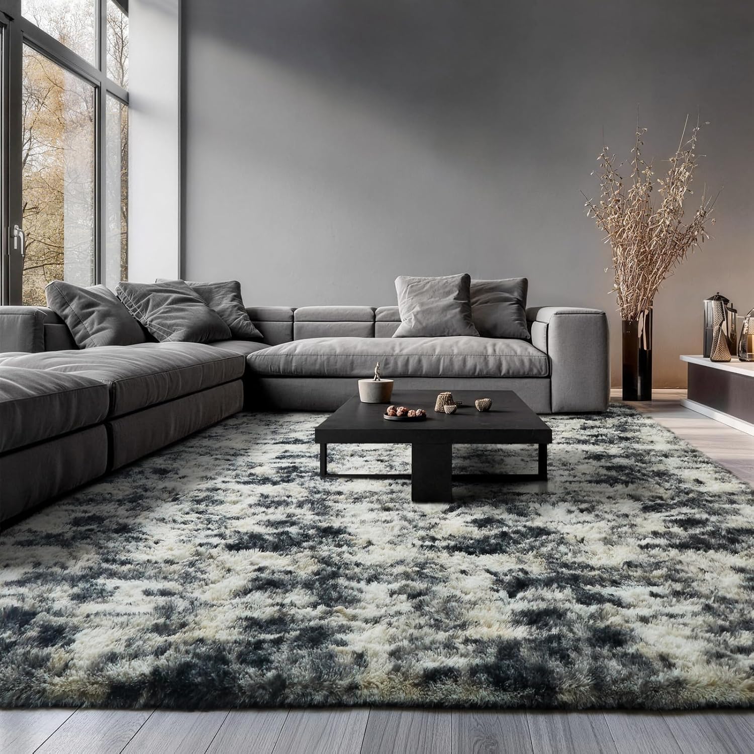 Ophanie Area Rugs - Black, Gold & Grey Fluffy Shag Carpet for Living Room | 9x12 Soft Plush Design