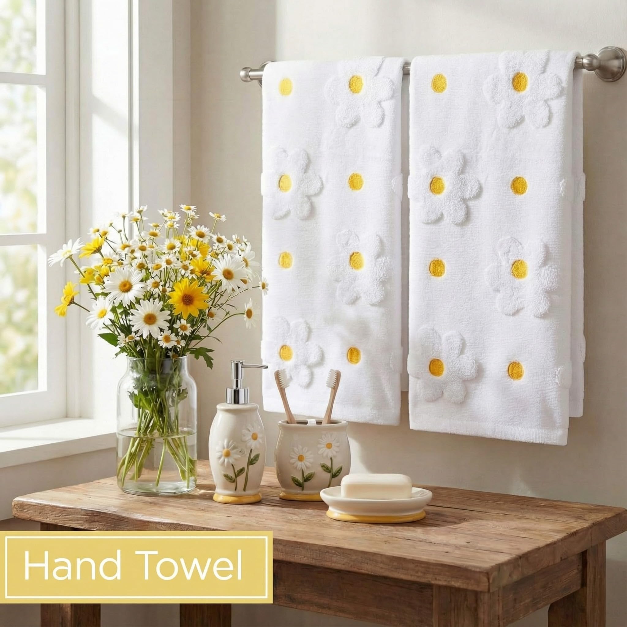 Mindsoft 2 Pcs Daisy Hand Towels for Bathroom Coquette Hand Towels 100% Cotton Absorbent Decorative Jacquard Weave Bath Decor Preppy Kitchen Decor Gift(Yellow)