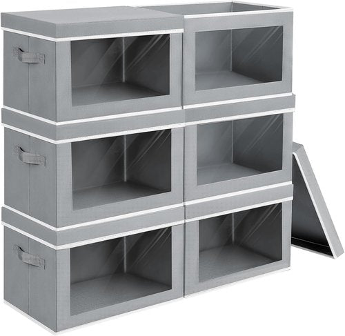 Homsorout Large Storage Bins - Collapsible Fabric Cubes with Lids & Window | 15.7 Inch Grey Baskets, 6 Pack