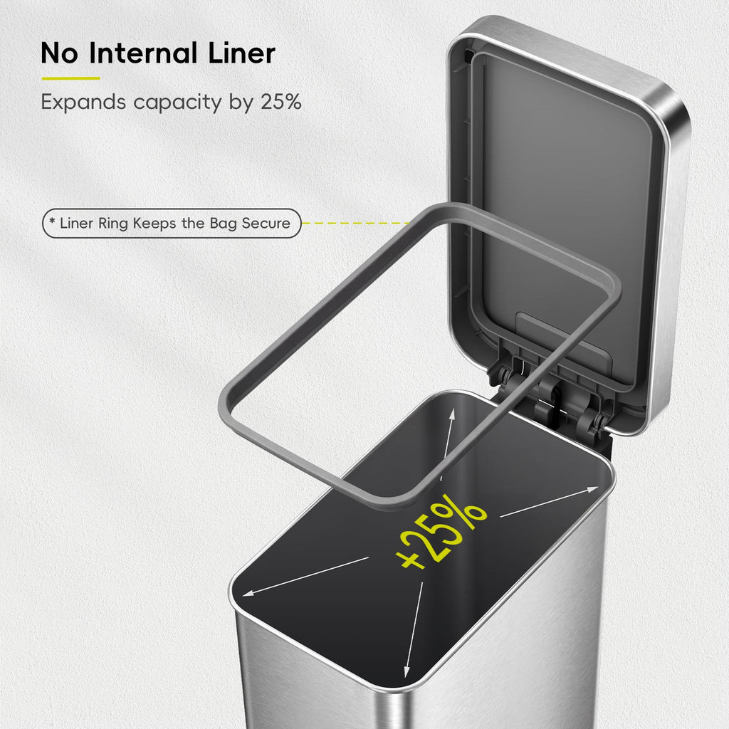 EKO Hudson Slim 50L / 13.2 Gallon Kitchen Trash Can with Lid, Stainless Steel Step Garbage Can for Kitchen or Home, Space-Saving Garbage Can with Soft Close Lid, Stay-Open, Liner Ring, Handle