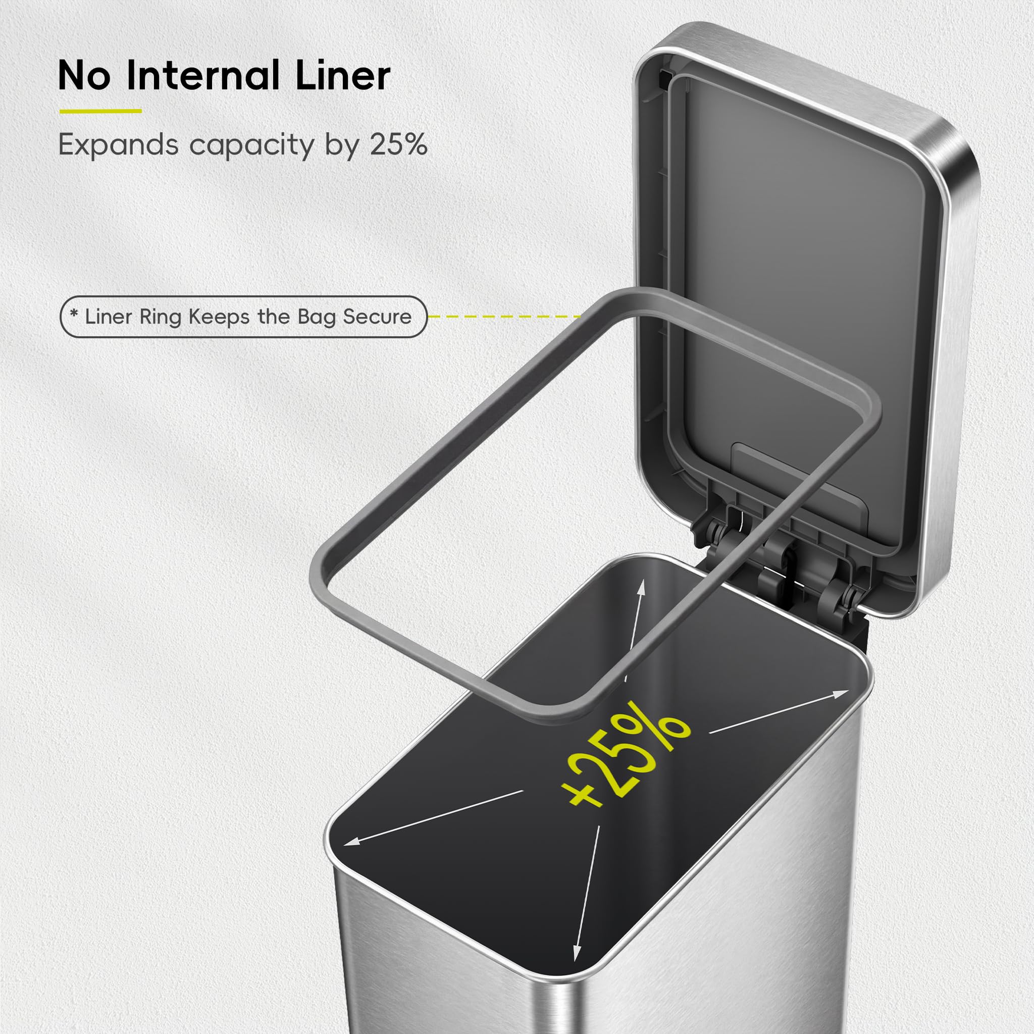 EKO Hudson Slim 50L / 13.2 Gallon Kitchen Trash Can with Lid, Stainless Steel Step Garbage Can for Kitchen or Home, Space-Saving Garbage Can with Soft Close Lid, Stay-Open, Liner Ring, Handle