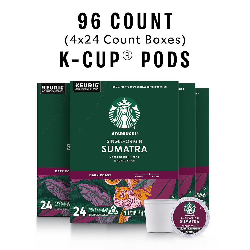 Starbucks K-Cup Coffee Pods - Dark Roast Sumatra Blend | 100% Arabica | 96 Pods (4 Boxes)