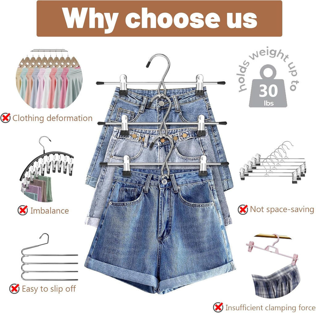 Skiennix Space-Saving Pants Hangers - Stackable Skirt Hangers with Clips | 8-Pack Closet Organizer