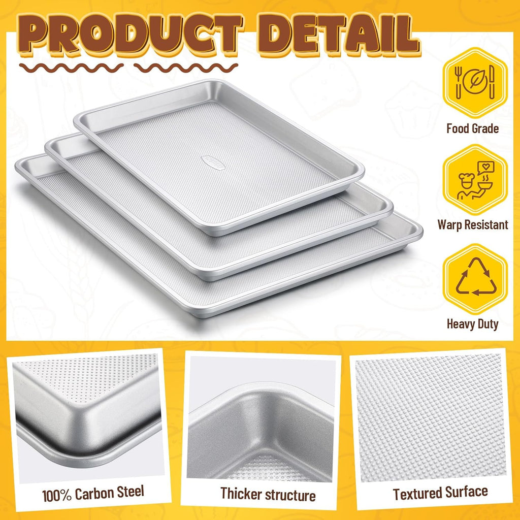 Roshtia Non-Stick Baking Pan Set - Heavy Duty Carbon Steel Cookie Sheets | 13", 15", 18" Sizes