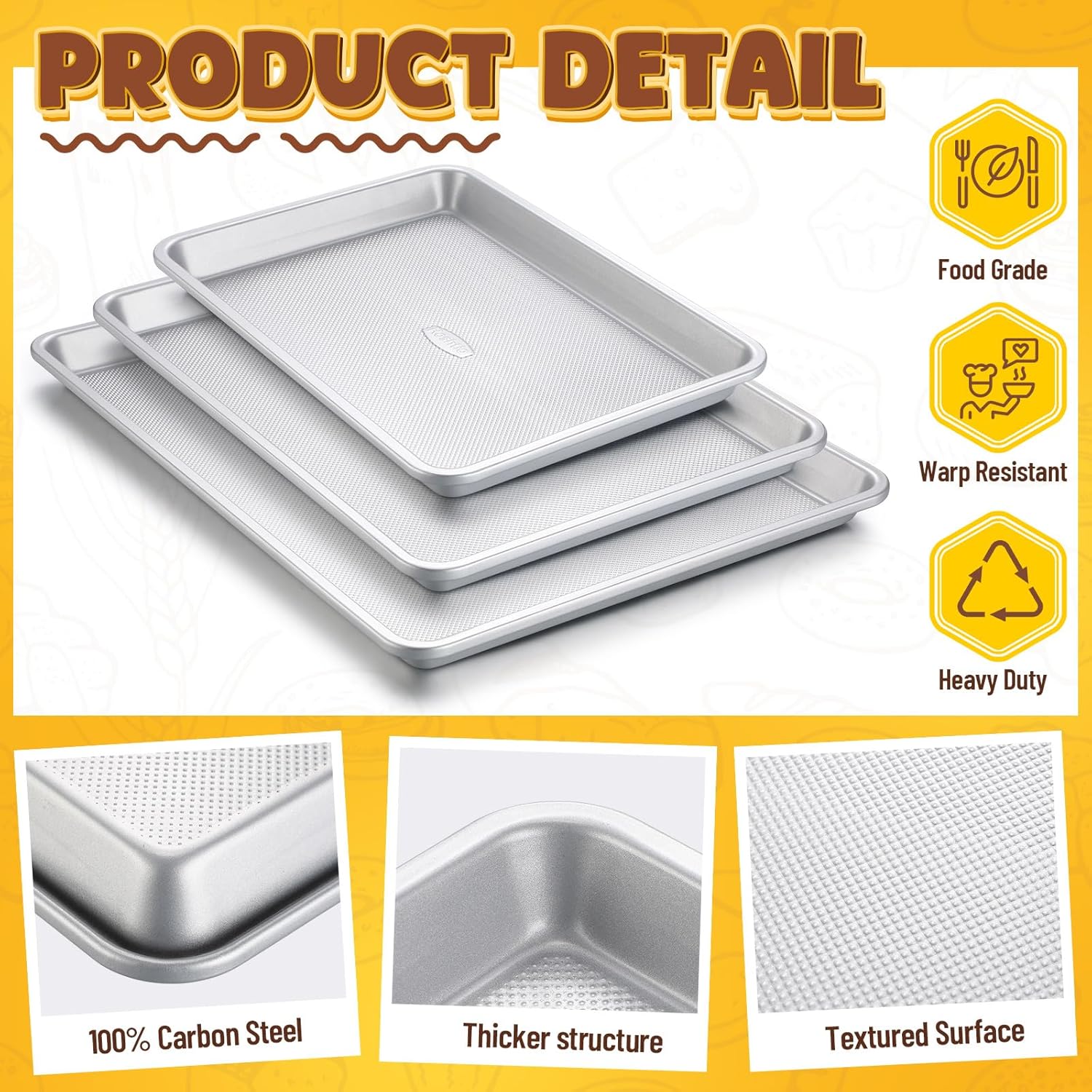 Roshtia Non-Stick Baking Pan Set - Heavy Duty Carbon Steel Cookie Sheets | 13", 15", 18" Sizes