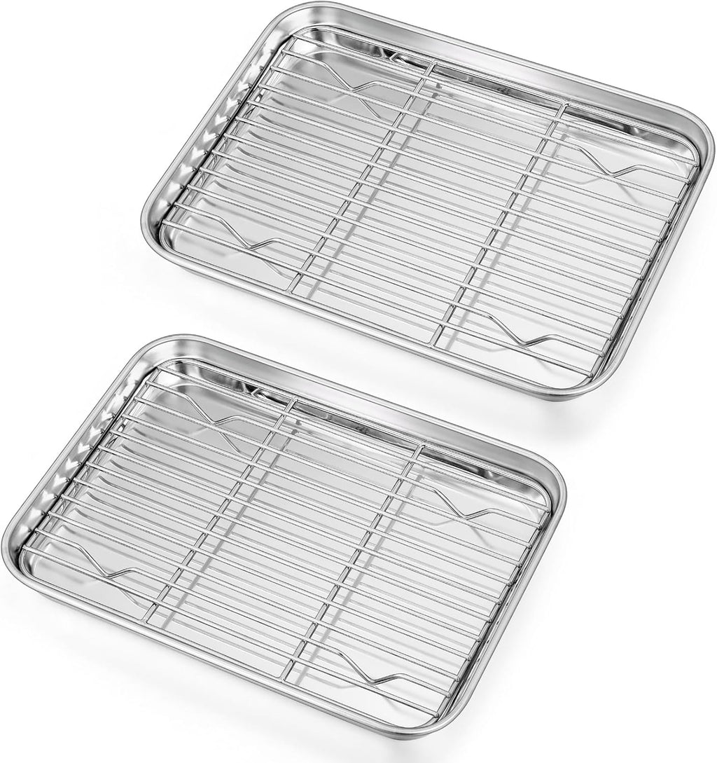 P&P CHEF Toaster Oven Pans Set - 10.4 & 9 Inch Stainless Steel Baking Trays with Racks | Non-Toxic & Dishwasher Safe