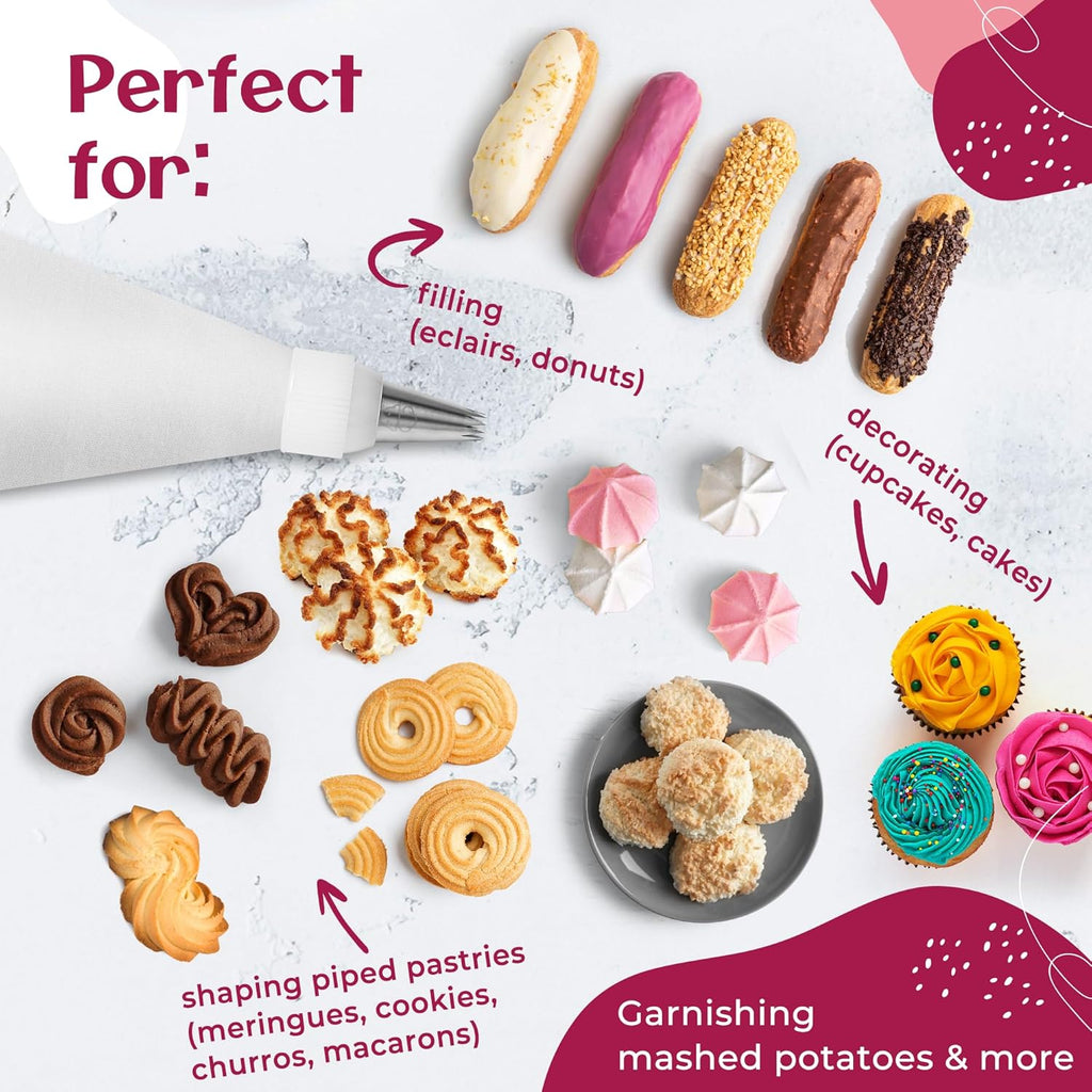 Skiennix Premium Reusable Piping Bags Set - 16" Cotton Pastry Bag with 8 Large Icing Tips - Dishwasher Safe