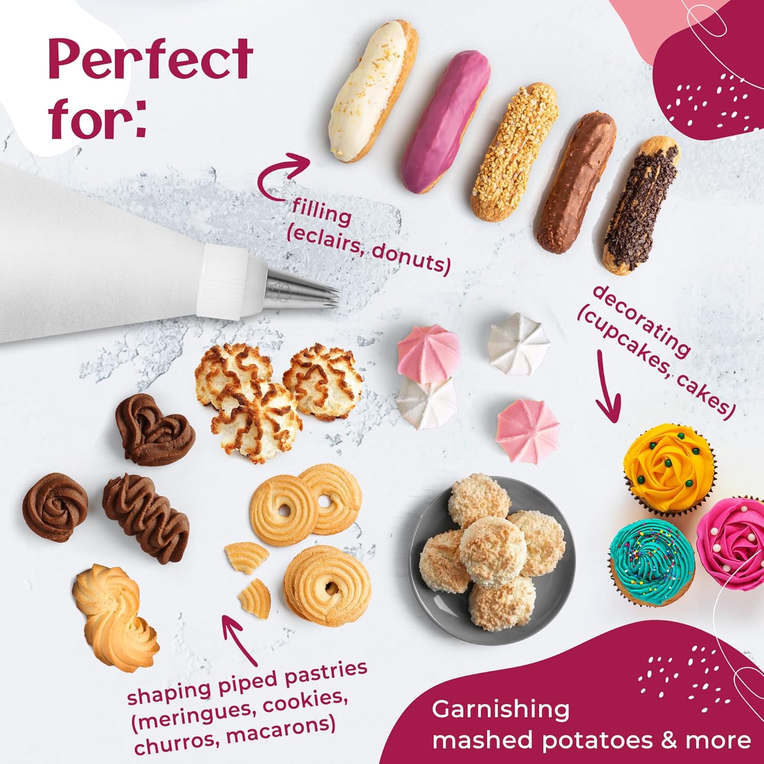 Skiennix Premium Reusable Piping Bags Set - 16" Cotton Pastry Bag with 8 Large Icing Tips - Dishwasher Safe