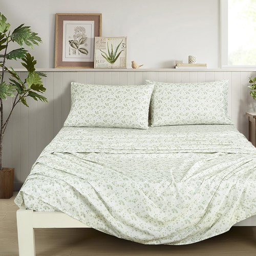 Chezmoi Collection Arbor 4-Piece Floral Bed Sheet Set - Soft Green White Printed Microfiber 14-Inches Deep Pocket Sheets & Pillowcases Set, Queen