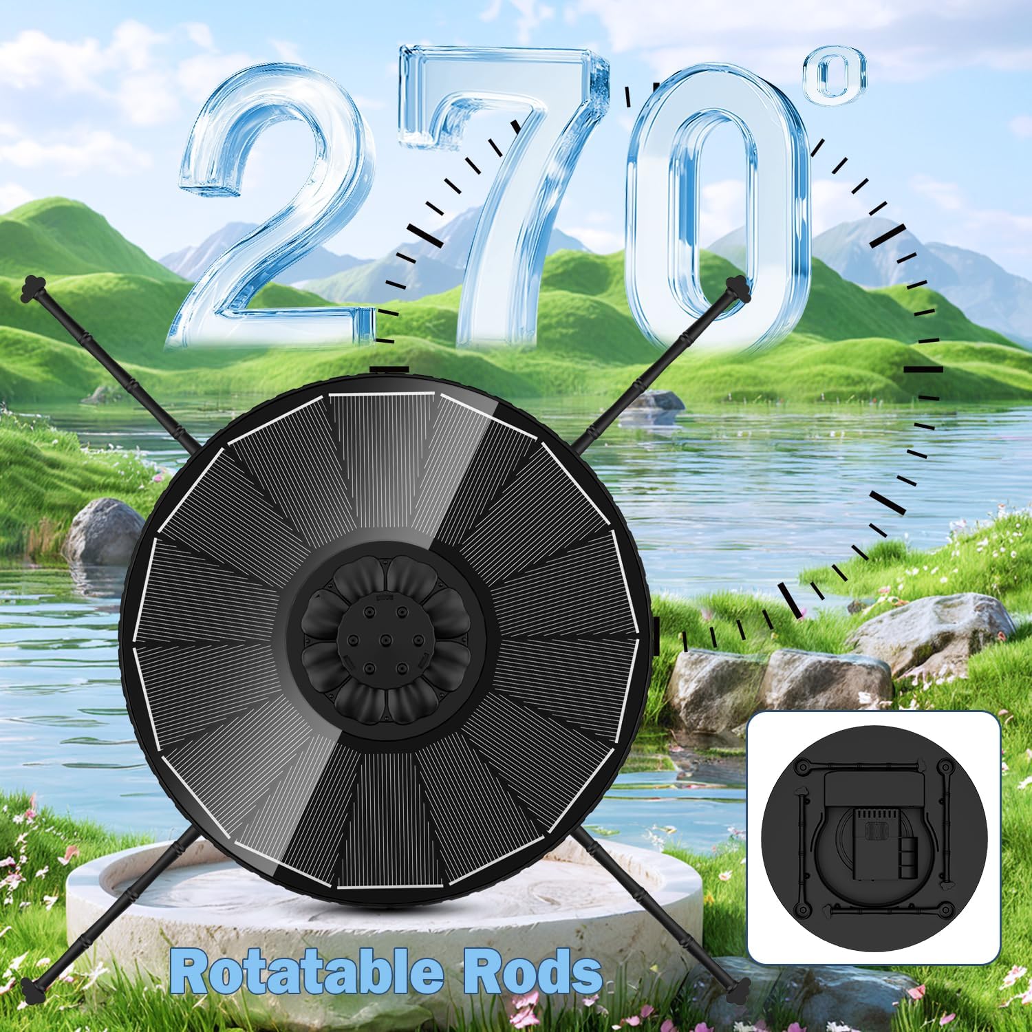 Yzert Solar Fountain Pump - 3-Level Adjustable Water Height, 7 Nozzles, 2000mAh Battery | Ideal for Bird Baths & Gardens