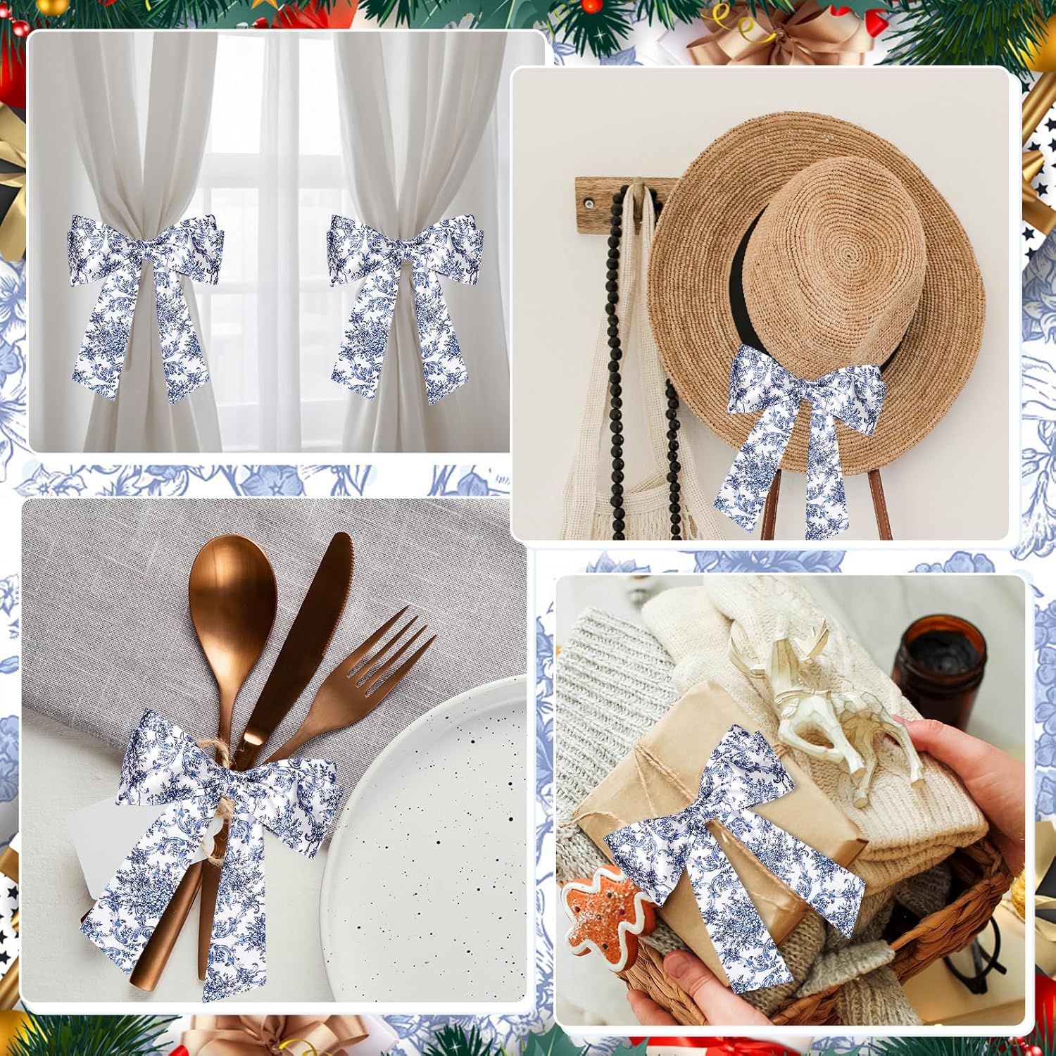 Skiennix Chinoiserie Monogram Satin Wreath - Elegant Blue & White Floral Door Decor | 2-Piece Set