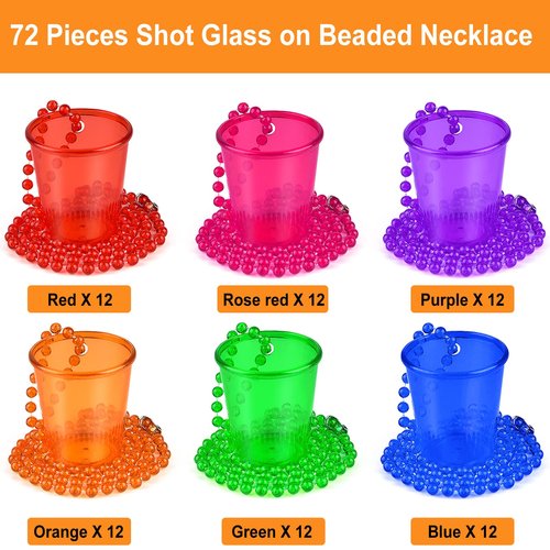 72 Pieces Shot Glass on Beaded Necklace Shot Glass Necklaces Plastic Shot Cup Necklace for Team Groom and Bride Supplies Bachelorette Party Birthday Wedding Party Festival Parade (6 Colors)